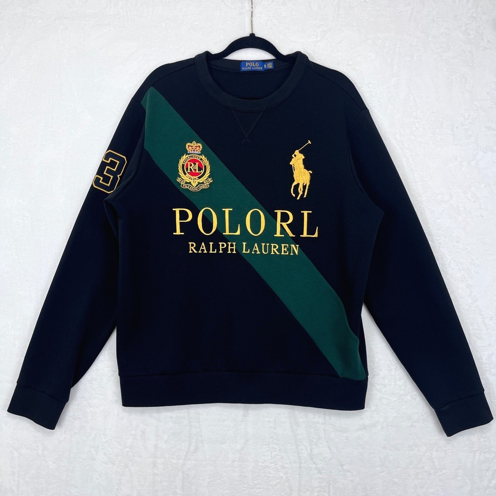 Polo Ralph Lauren Sweatshirt Crest Big Pony Mens XL Black Green Gold Embroidered